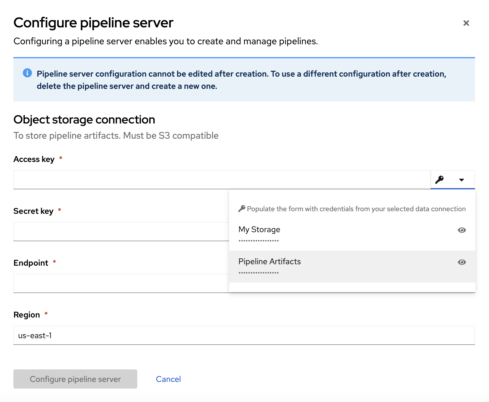 Selecting the Pipeline Artifacts data connection