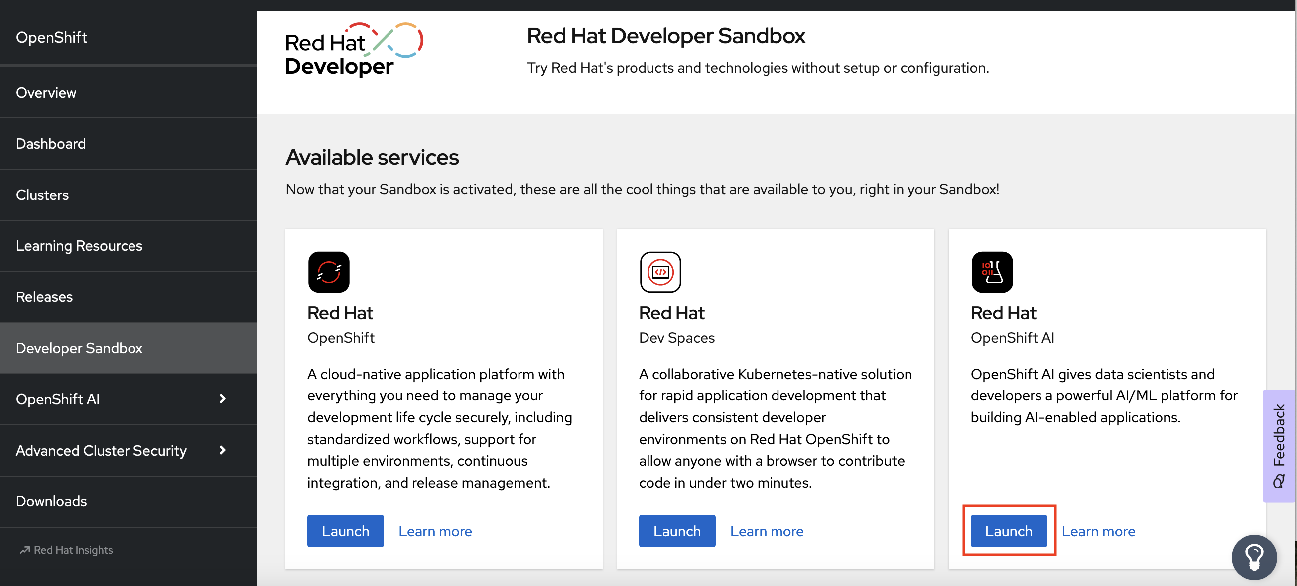 OpenShift AI dashboard link