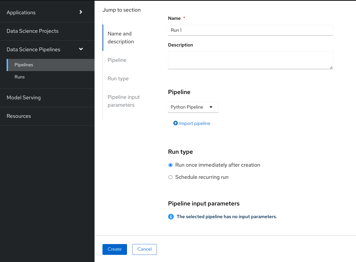 Create Pipeline Run form