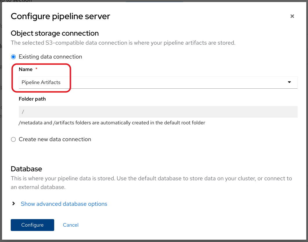 Selecting the Pipeline Artifacts data connection