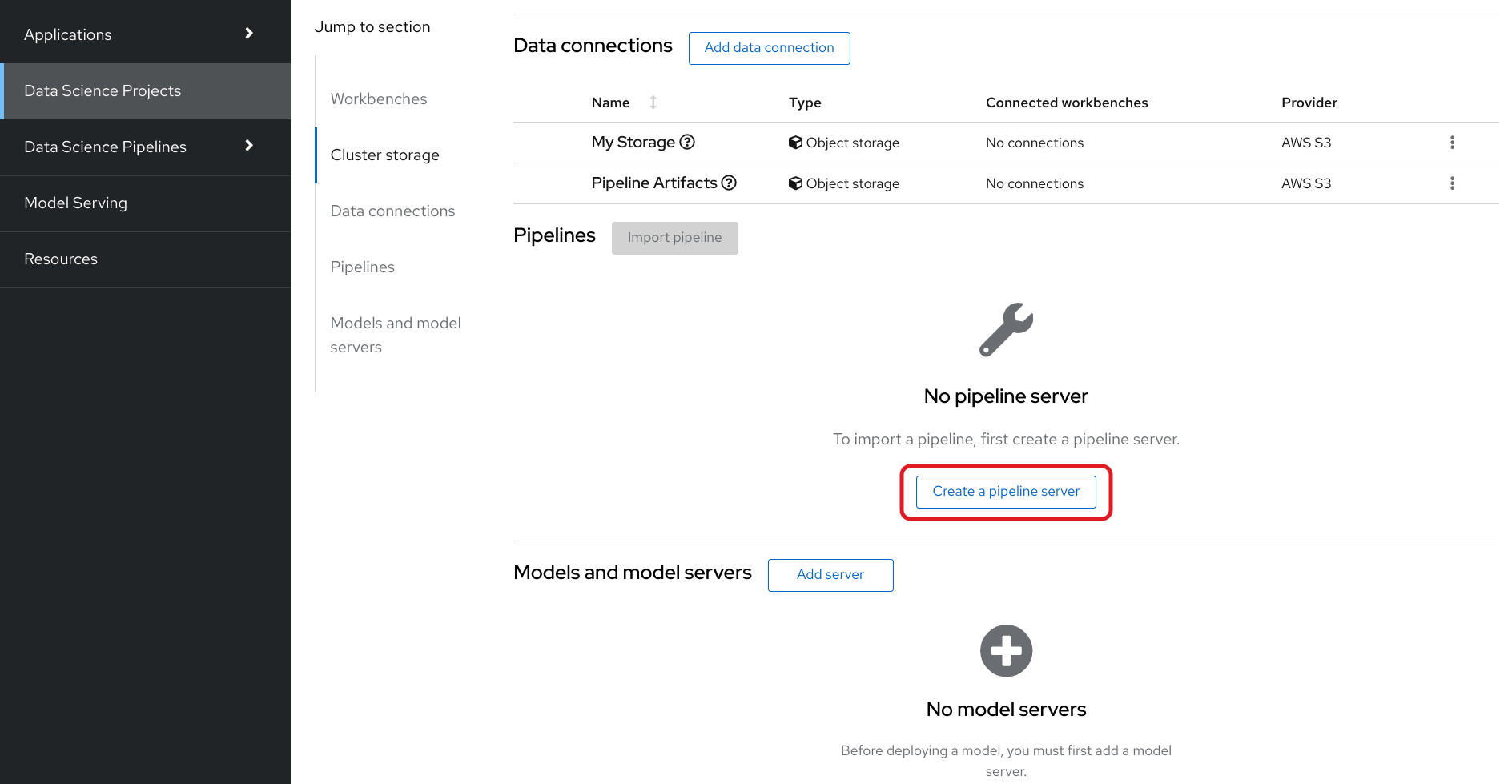 Create pipeline server button